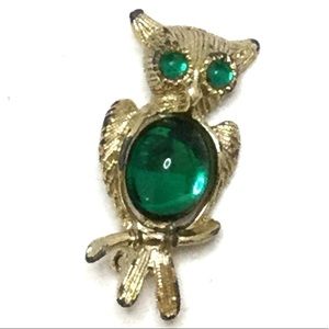 Vintage Gold Tone Owl with Green Cabochons Brooch